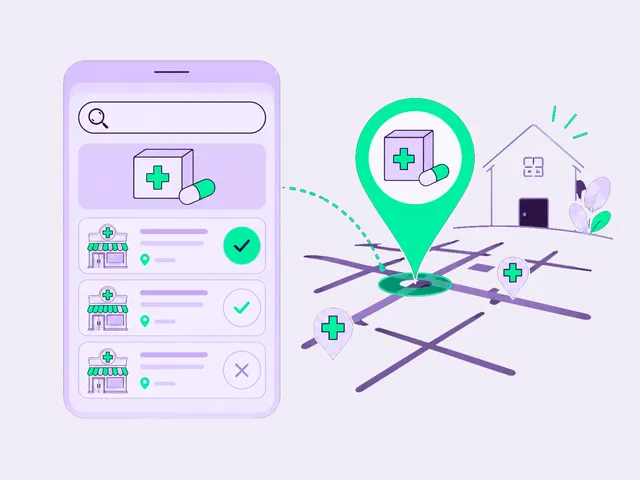 Busca de um medicamento no smartphone e farmácia mais próxima encontrada no mapa